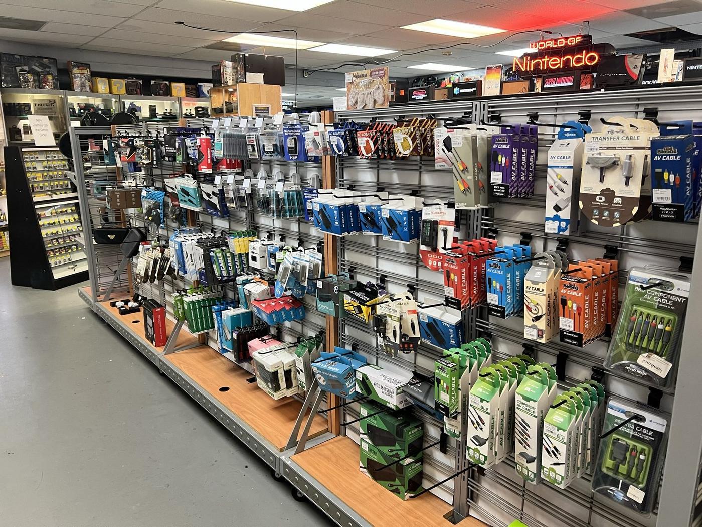 Wall of controllers, cables and accessories